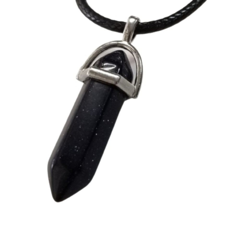 Sparkly Black Hexagonal Stone Pendant on Black Chord (Great Halloween Jewelry)